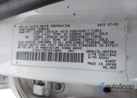 2003 Toyota 4Runner Limited V6 from USA, damaged, VIN JTEBU17R030019865